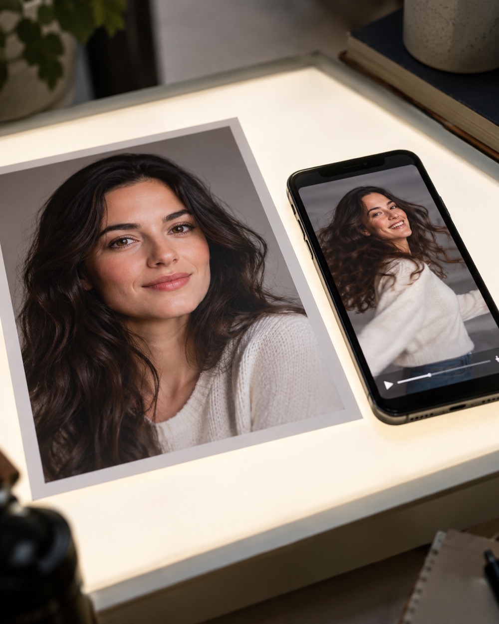 A still portrait and the same subject in motion, shown as an image-to-video comparison