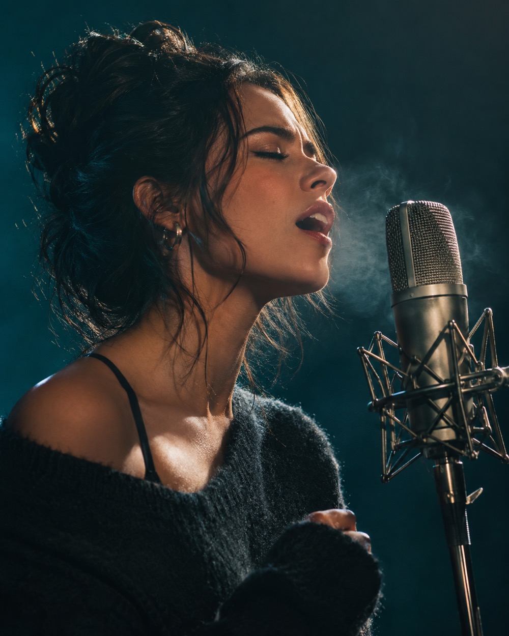 A singer-style vertical performance generated from a single photo, with a sound wave overlay