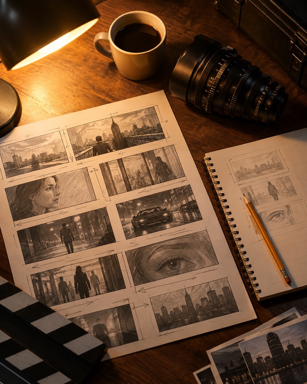 A four-part video prompt structure beside a generated vertical video frame