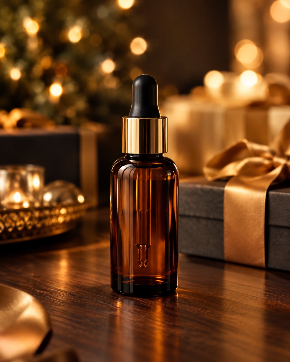 A product bottle on a dark table with warm Black Friday lights behind it