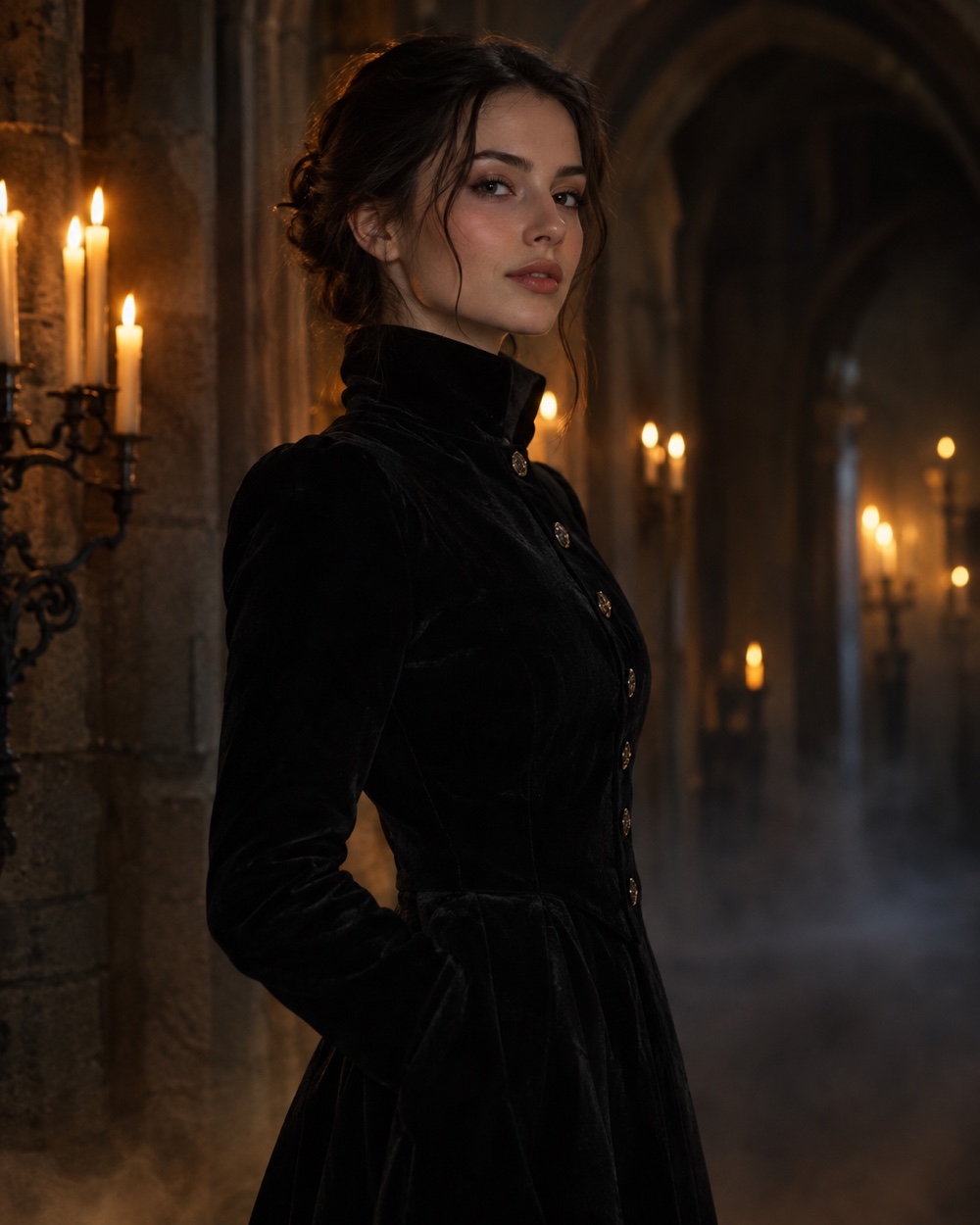 A person in an elegant dark costume standing in a candlelit Halloween room