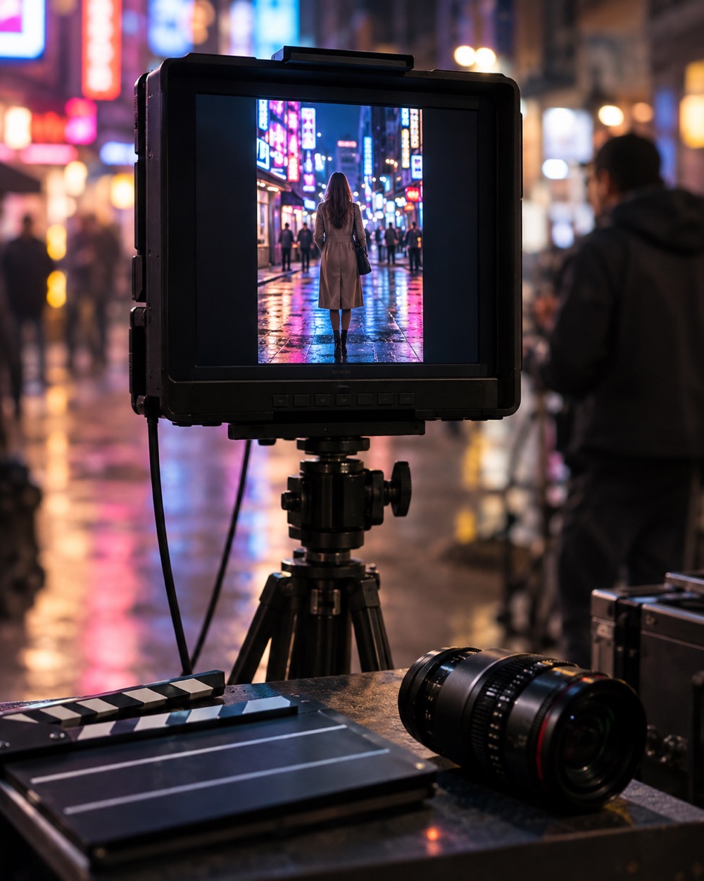 A written scene brief on one side and the generated vertical video frame on the other